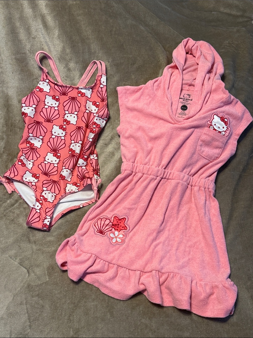 Hello Kitty Pink Shell-Print One-Piece Swimsuit&Hooded Pink Terry Cover-Up 5T